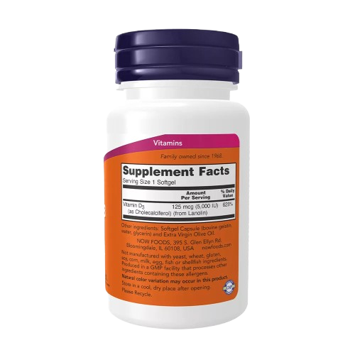NOW Foods, Vitamine D3, Haute efficacité, 125 µg (5000 UI), 120 capsules